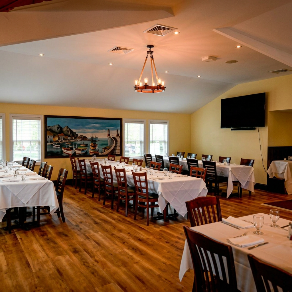 Private dining room with Mediterranean mural and full A/V setup