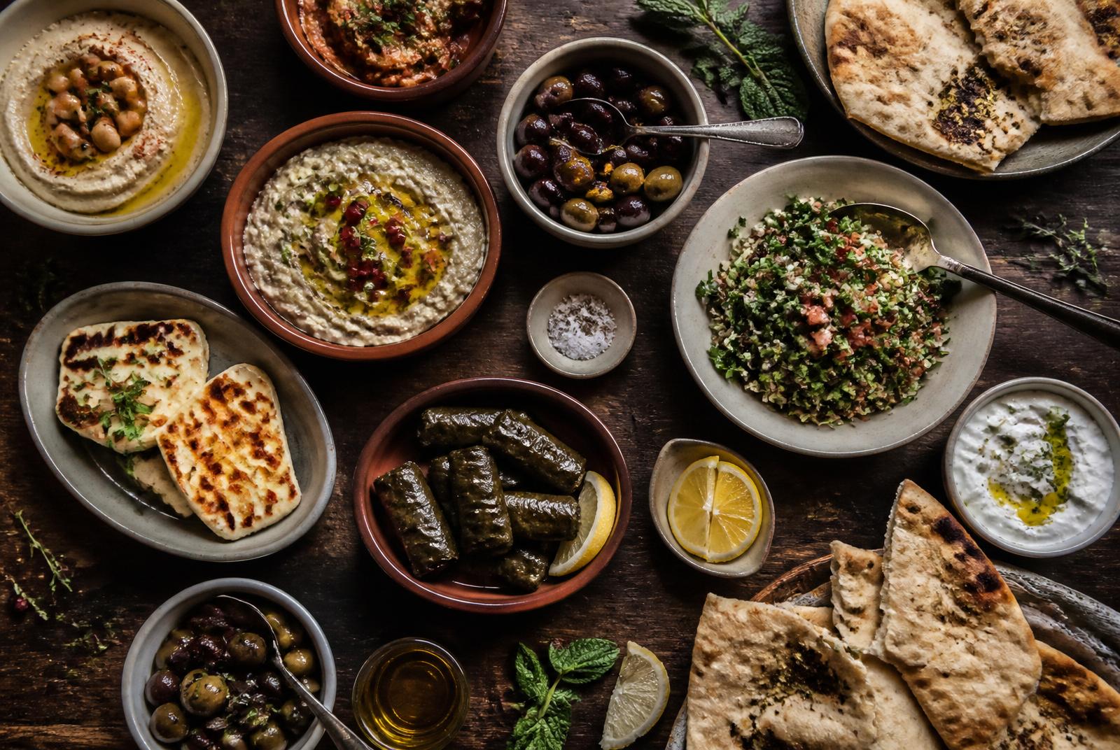 Italian & Italian antipasti and mezze platter on a marble table