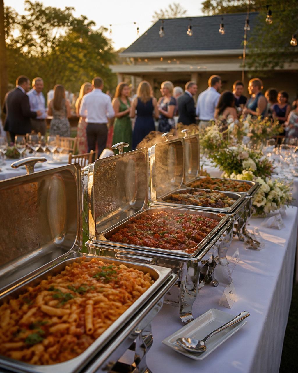 Outdoor backyard catering buffet with chafing dishes of pasta and Italian fare at golden hour