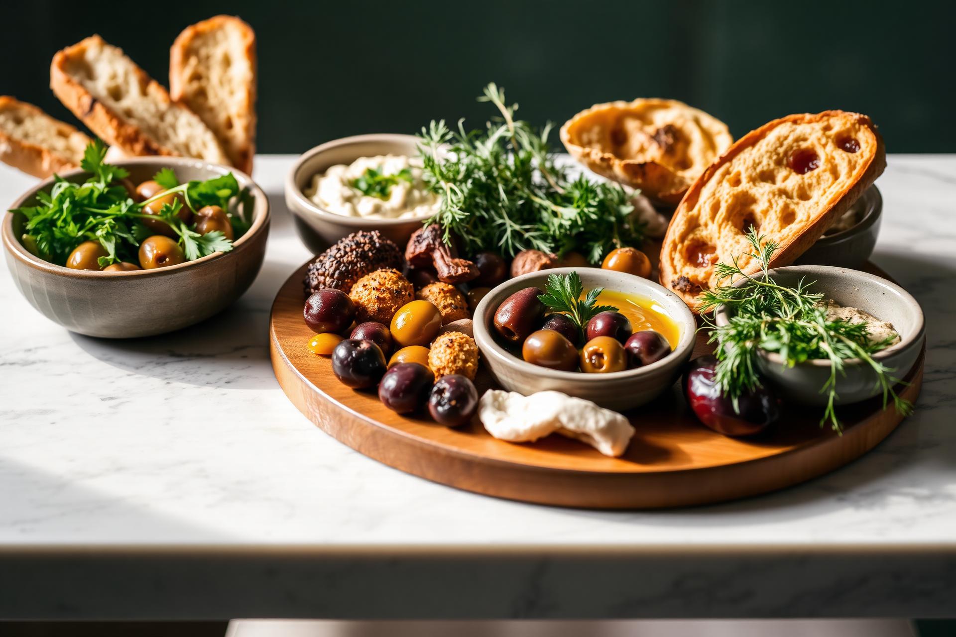 Italian & Italian antipasti and mezze platter on a marble table