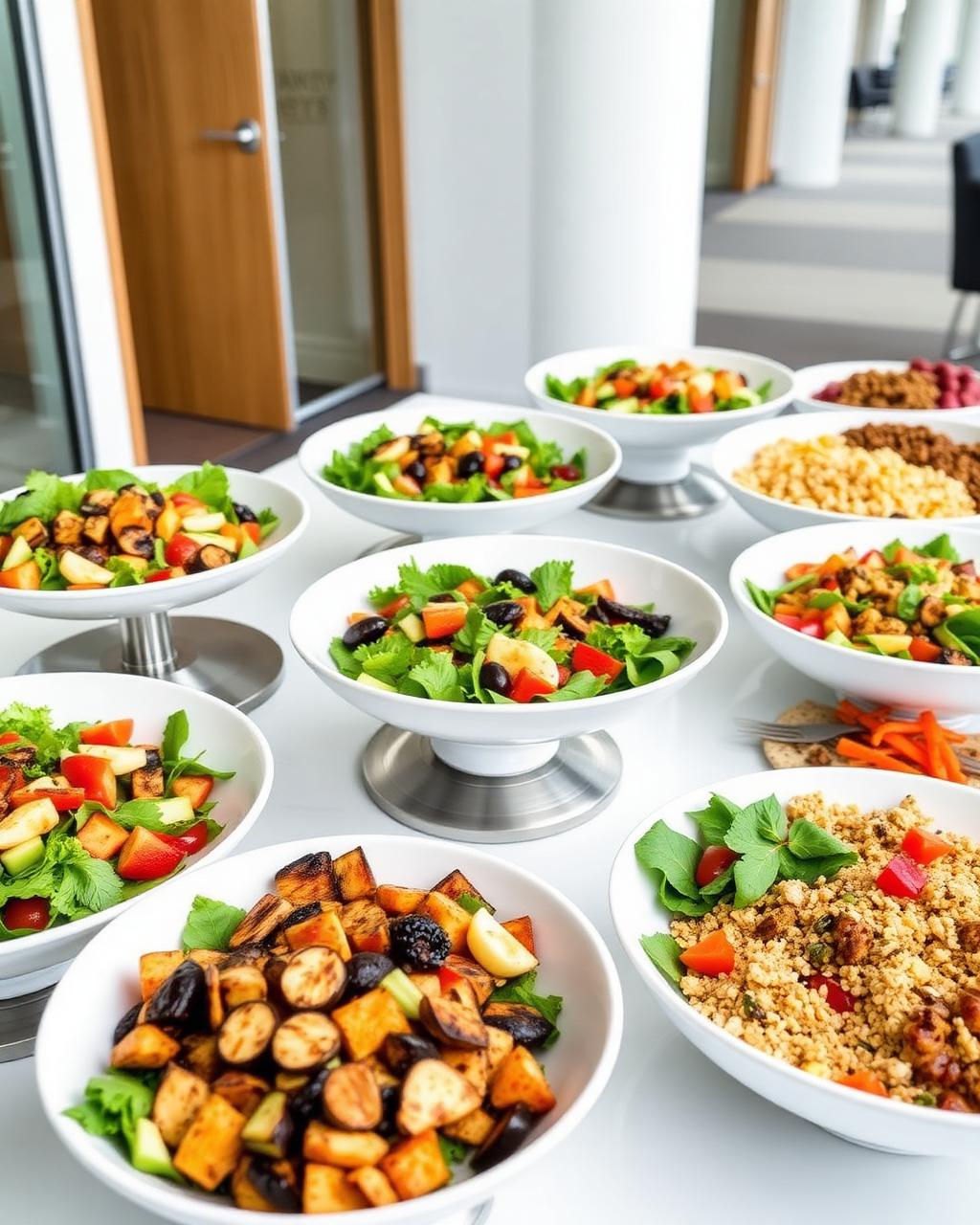 Corporate lunch spread with Italian and Mediterranean salads in a modern office