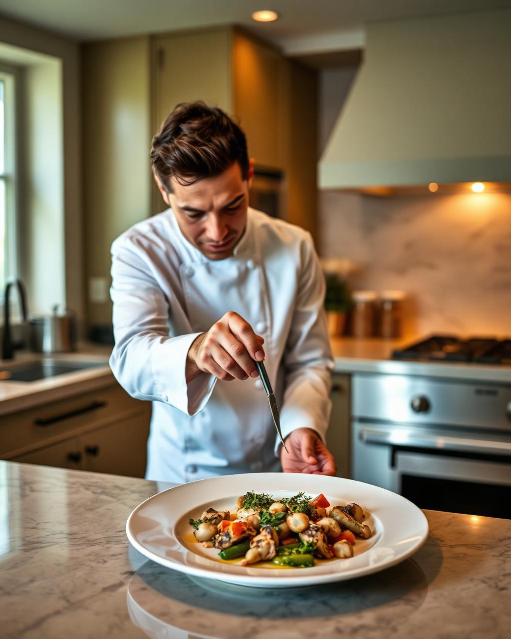 Chef plating a Italian-Mediterranean dish in a private kitchen